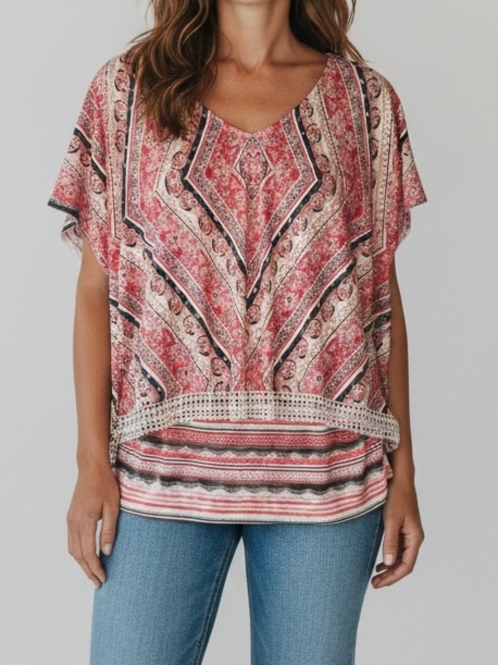 Style & Co. Size 2X Coral Pink Printed V-Neck Top